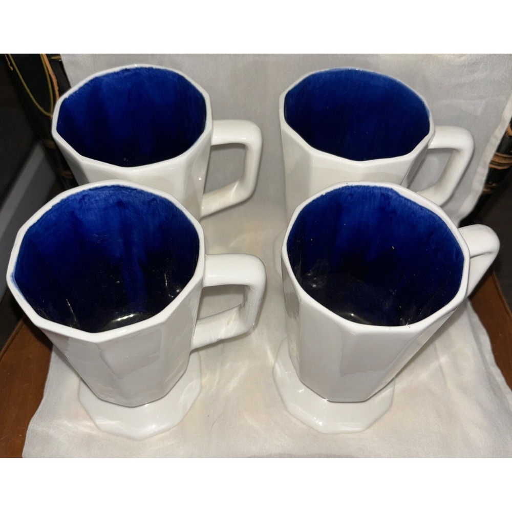 Vintage Secla Portugal Ceramic Mugs 5.5" White W/ Blue Glaze On Inside Footed X4